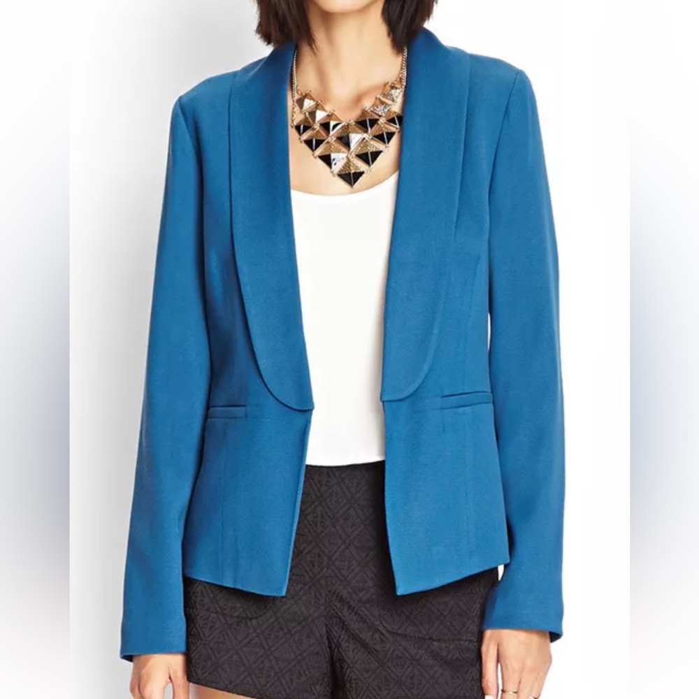 Forever 21 Women’s Teal Textured Woven Blazer Size XS Shawl Lapel Welt Pockets